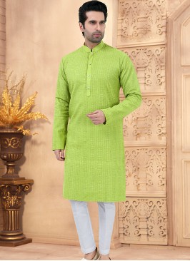 Parrot and Off-White Cotton Kurta Pajama Set with Embriodered Work.