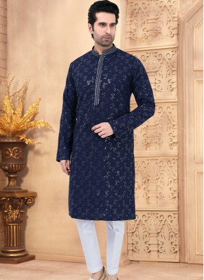 Navy Blue and Off-White Cotton Kurta Pajama Set with Embriodered and Sequence Work.
