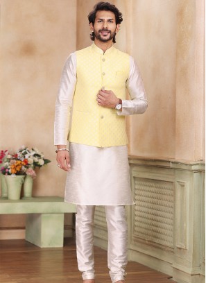 Yellow Jacquard Banarasi Silk 3-Piece Jacket Set with cream Churidar Bottom.