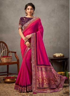 Pleasance Embroidered Pink Silk Classic Saree