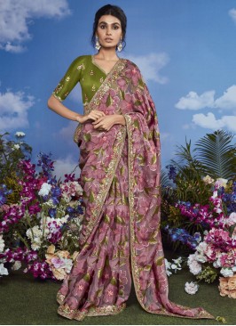 Pleasing Floral Patterns Lavender Brasso Contemporary Saree