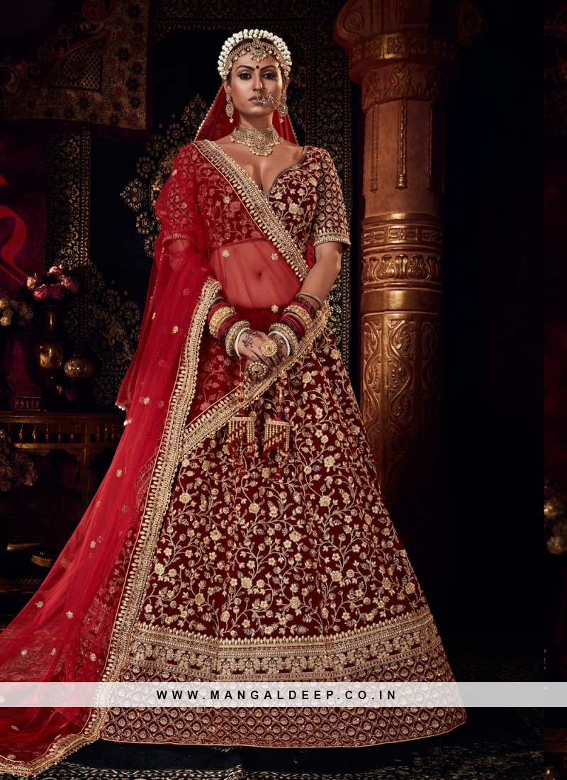 Buy Rani And Maroon Velvet Zari Embroidered Lehenga Online in India @Mohey  - Lehenga for Women