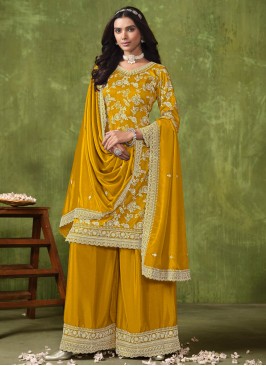 Pleasing Yellow Jacquard Work Designer Salwar Kameez