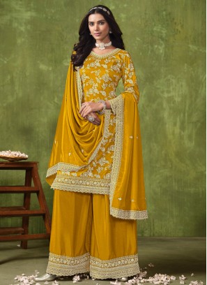 Pleasing Yellow Jacquard Work Designer Salwar Kameez