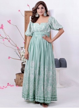 Polyester Printed Readymade Gown in Sea Green