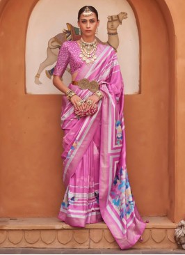 Precious Digital Print Pink Silk Classic Saree