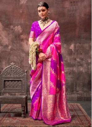 Precious Handloom silk Pink and Violet Contemporary Saree