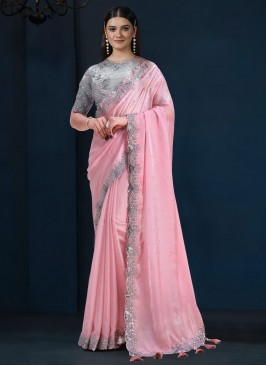 Precious Thread Pink Satin Silk Trendy Saree