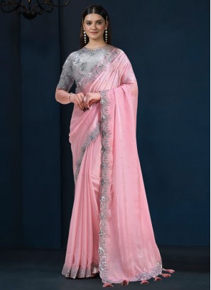 Precious Thread Pink Satin Silk Trendy Saree