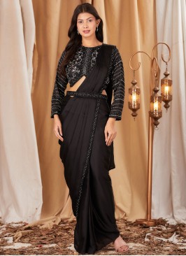 Preferable Embroidered Chinon Black Designer Saree