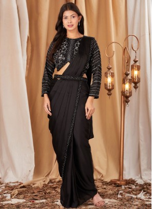 Preferable Embroidered Chinon Black Designer Saree