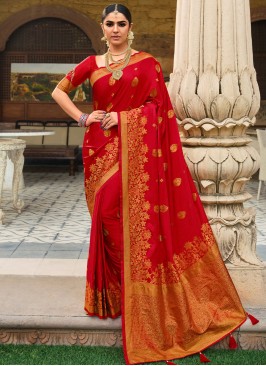 Preferable Red Satin Silk Trendy Saree