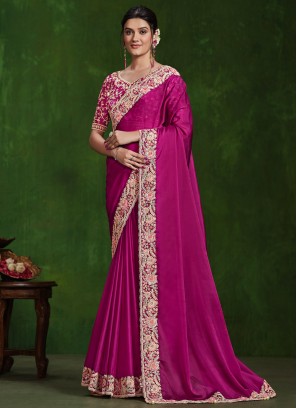 Prepossessing Silk Embroidered Rani Classic Saree