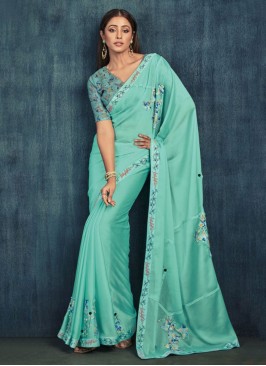 Pretty Aqua Blue Chiffon Designer Saree