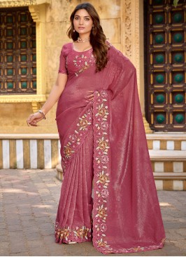 Prime Embroidered Chiffon Pink and Rust Designer Saree