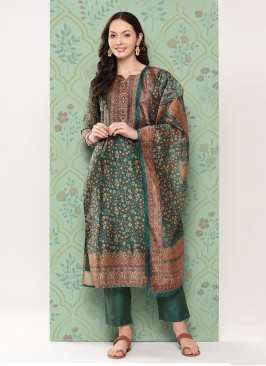 Printed Chanderi Cotton Pant Style Suit in Green