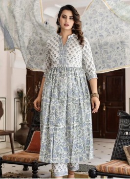 Printed Cotton Readymade Salwar Kameez in Off White