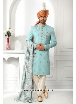 Pristine Teal Blue Embroidered Art SIlk Wedding Wear Sherwani Set