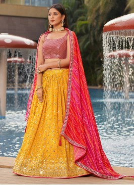 Prodigious Yellow Embroidered Georgette A Line Leh