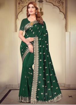 Prominent Embroidered Green Vichitra Silk Contemporary Saree