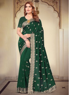 Prominent Embroidered Green Vichitra Silk Contemporary Saree