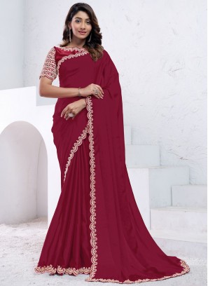 Prominent Moti Maroon and Rani Crepe Silk Traditional Saree