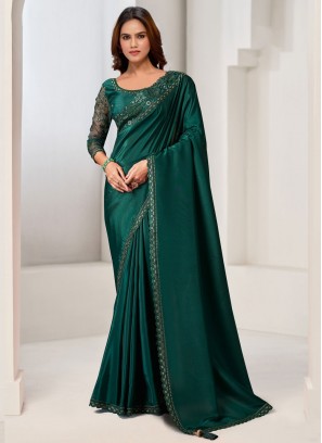 Pure Crepe Border Green Contemporary Saree