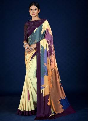 Pure Crepe Digital Print Yellow Contemporary Saree