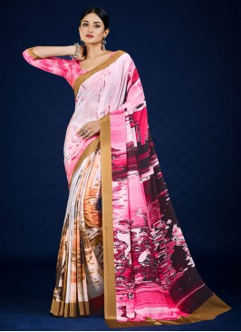 Pure Crepe Pink Digital Print Classic Saree