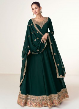 Pure Georgette Readymade Gown in Green and Teal