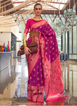Purple and Rani Reception Handloom silk Traditiona