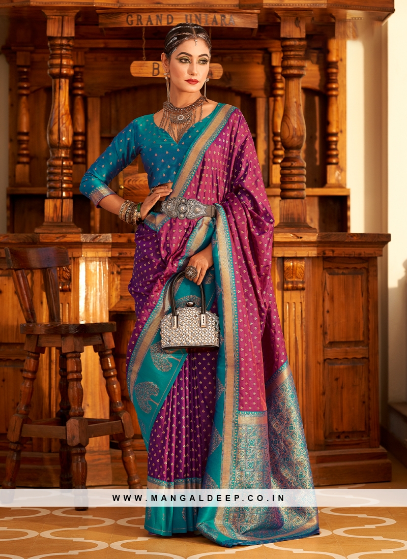 Banarasi Katan Silk Saree With Silver Zari on Border and Jacquard Pallu Banarasi  Saree With Stitched Blouse Purple Indian Saree Blouse - Etsy Finland