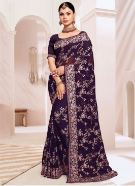 Purple Ceremonial Georgette Traditional Saree