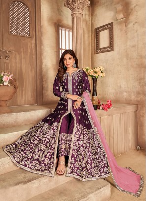 Purple Color Art Silk Anarkali Gown