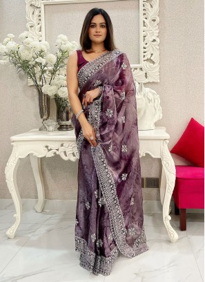 Purple Embroidered Party Classic Saree