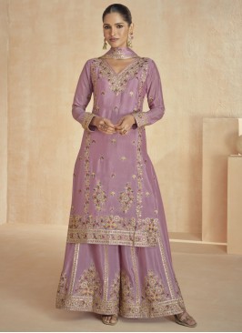 Purple Embroidered Silk Readymade Salwar Kameez