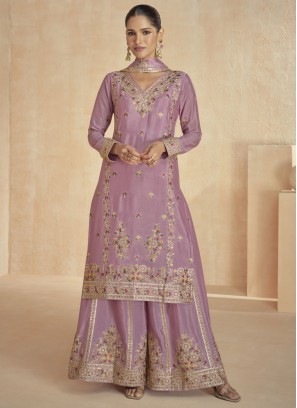 Purple Embroidered Silk Readymade Salwar Kameez