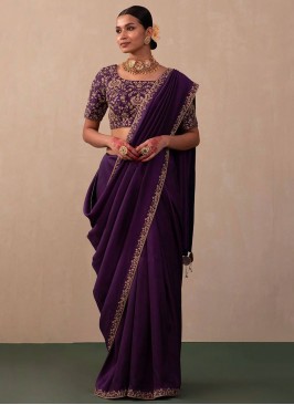 Purple Embroidered Vichitra Silk Classic Saree