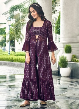 Purple Faux Georgette Embroidered Readymade Salwar Kameez