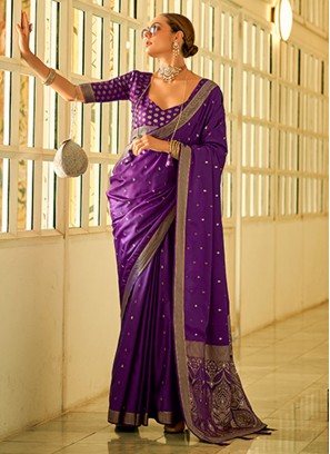 Purple Satin Silk Mehndi Trendy Saree