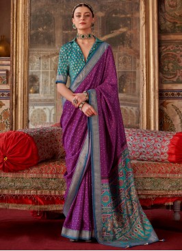 Purple Silk Printed Trendy Saree