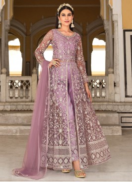 Purple Wedding Net Designer Straight Salwar Suit