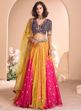 Rani and Yellow Foil Print Jacquard Silk Readymade Lehenga Choli