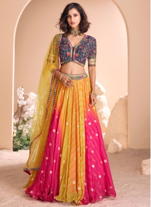 Rani and Yellow Foil Print Jacquard Silk Readymade Lehenga Choli