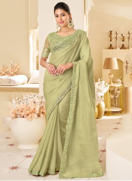 Ravishing Green Embroidered Shimmer Georgette Classic Saree