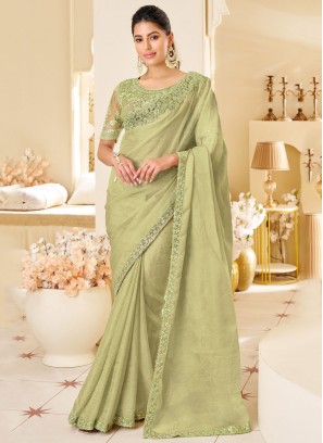 Ravishing Green Embroidered Shimmer Georgette Classic Saree