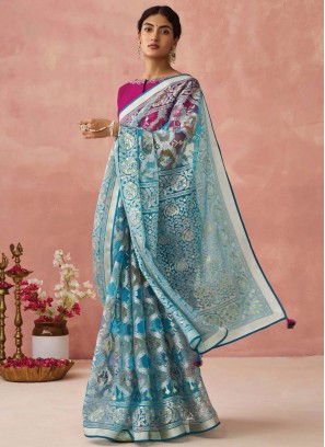 Ravishing Print Aqua Blue Brasso Classic Saree