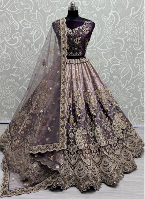 Ravishing Thread Velvet Purple Trendy Lehenga Choli