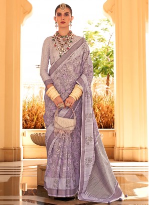 Raw Silk Foil Print Classic Saree in Purple