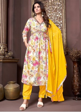 Rayon Printed Salwar Suit in Yellow